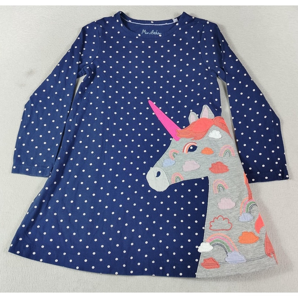 Mini Boden Dress Girls 7-8Y Blue Polka Dot Long Sleeve Unicorn Applique Jersey